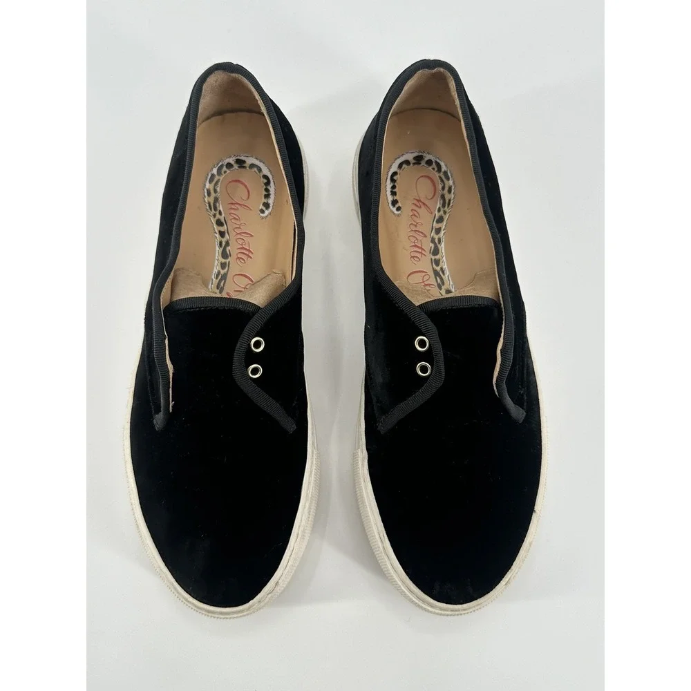 CHARLOTTE OLYMPIA BLACK PORTOBELLO PLATFORM SNEAKERS‎ LOW TOP VELVE W'S SZ 38